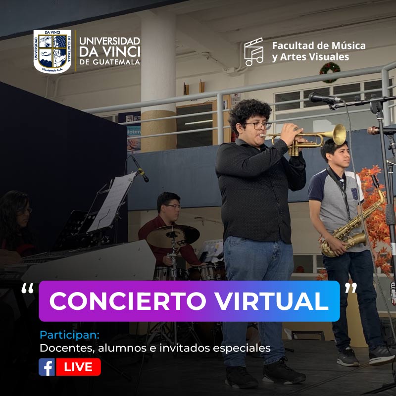 Fotografía digital de combo jazz con el texto concierto virtual.