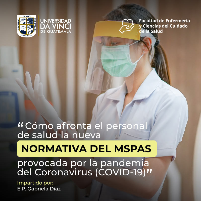 Imagen de primer plano de una enfermera colocándose el equipo de bioseguridad por pandemia con el texto cómo afronta el personal de salud la nueva normativa del mspas provocada por la pandemia del coronavirus (covid-19).