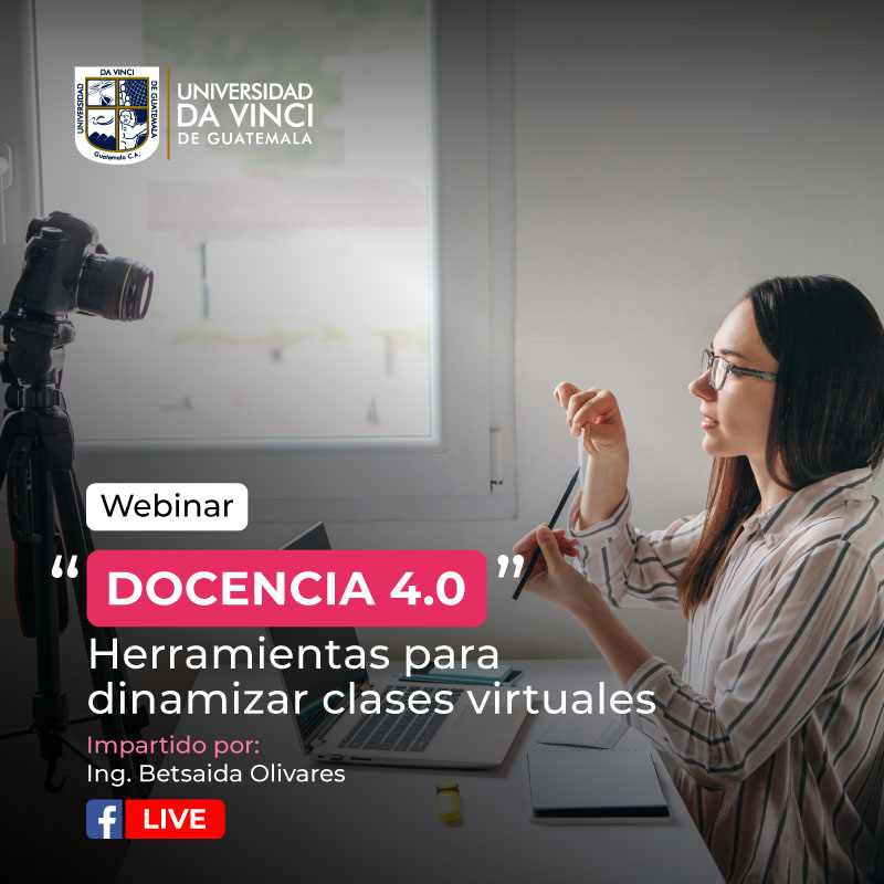 Imagen de plano general de una mujer frente una cámara, sentada frente a un escritorio con una laptop, hablando a la cámara con el texto webinar docencia 4.0 herramientas para dinamizar clases virtuales.