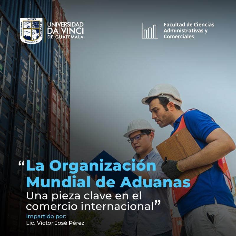 Imagen de dos hombres frente a furgones de carga con tablas en sus manos y vestidos con equipo de seguridad industrial con el texto la organización mundial de aduanas una pieza clave en el comercio internacional.