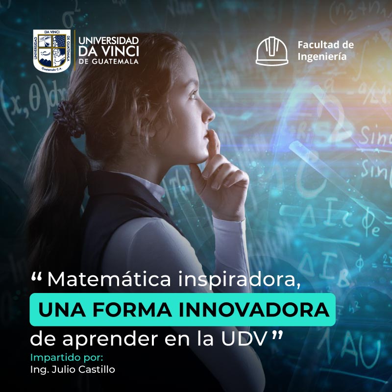 Imagen de primer plano de una mujer frente un pizarrón especial para yeso, lleno de formulas matemáticas, analizando las formulas, con el texto matemáticas inspiradora una forma innovadora de aprender en la UDV.