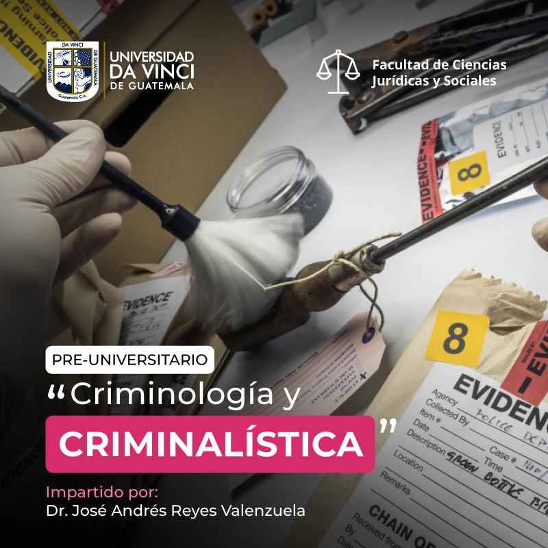 Imagen de plano cercano de una mano con guantes sosteniendo una brocha limpiando la evidencia de la escena de un crimen con el texto pre-universitario criminología y criminalística.