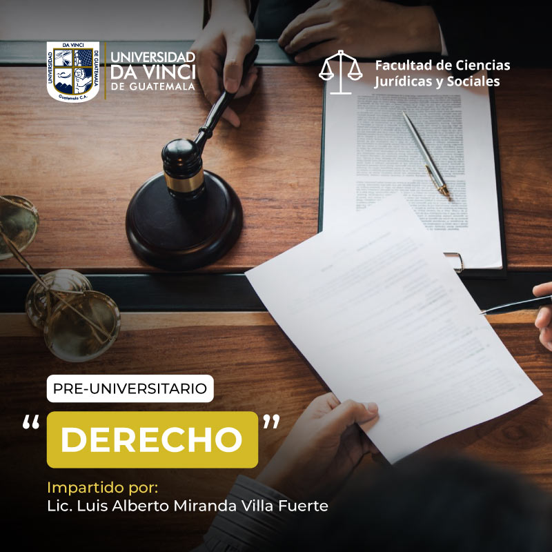 Imagen en plano cenital de una mesa con documentos, un mazo de madera y manos de dos personas diferentes una de cada lado de la mesa con el texto pre-universitario derecho.