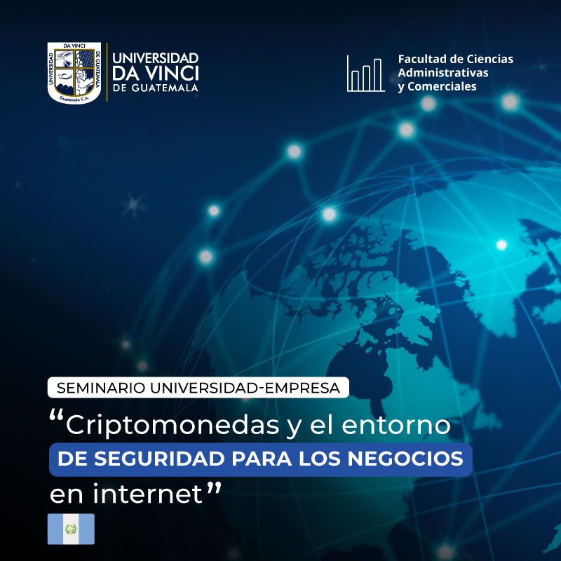 Imagen compuesta por un fondo azul y un globo terráqueo con puntos de conexión en un celeste luminicente, con el texto Criptomonedas y el entorno de seguridad para los negocios en internet.