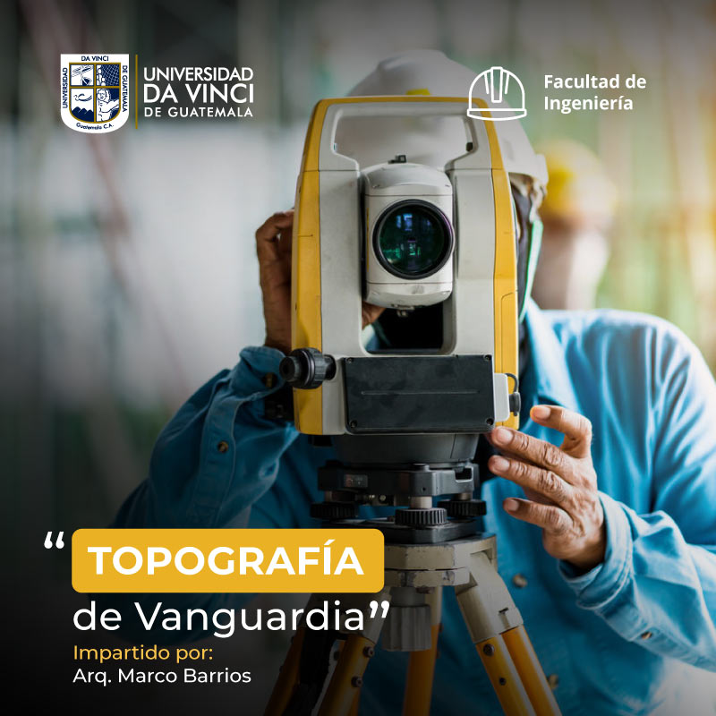 Imagen de primer plano, de un ingeniero detrás de un teodolito electrónico, con el texto topografía de vanguardía.