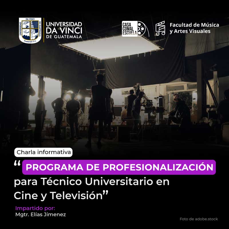 Imagen de un set de grabación, con luces, cámaras de video y personal en diferentes posiciones con el texto Charla informativa Programa de Profesionalización para Técnico Universitario en Cine y Televisión.