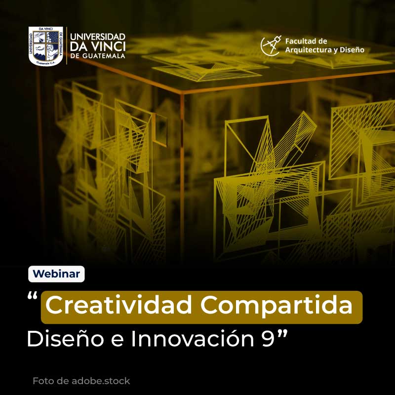 Imagen de un cubo tridimensional con transparencias en color amarillo en un fondo negro con el texto webinar creatividad compartida diseño e innovación 9.