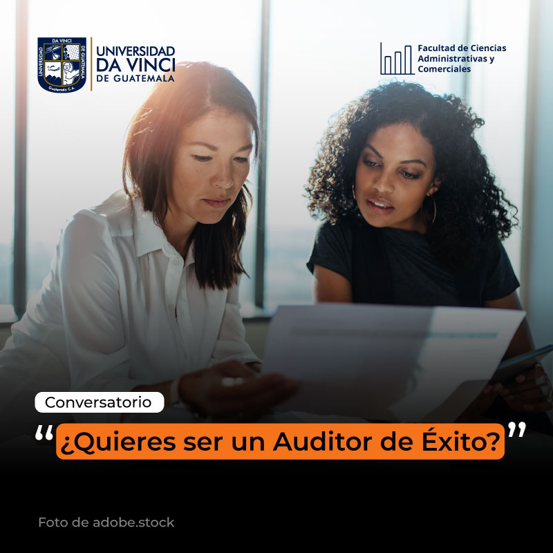 Imagen de dos mujeres sentadas en una oficina sosteniendo unos papeles en sus manos, dirigiendo su vista hacia los papeles, con el texto conversatorio ¿quieres ser un auditor de éxito?