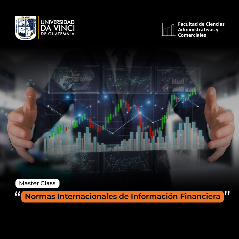 Imagen de un empresario señalando entre sus manos una gráfica de barras presentada como holograma con el texto master class normas internacionales de información financiera.