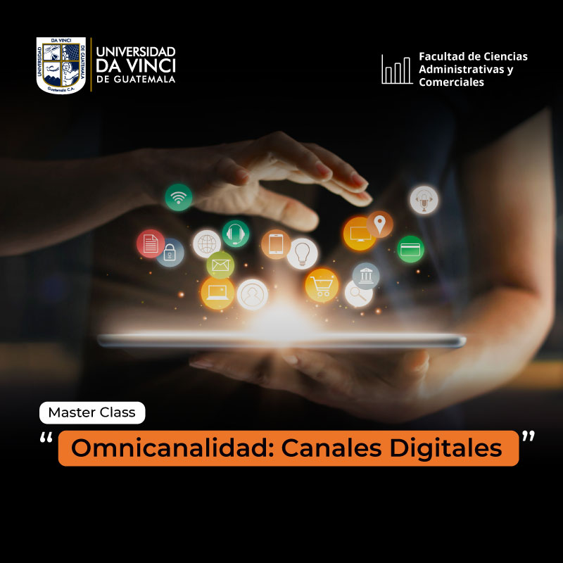 Fotografía de dos manos soteniendo entre ellas unas luces de colores con el texto Master class Omnicanalidad: Canales Digitales.