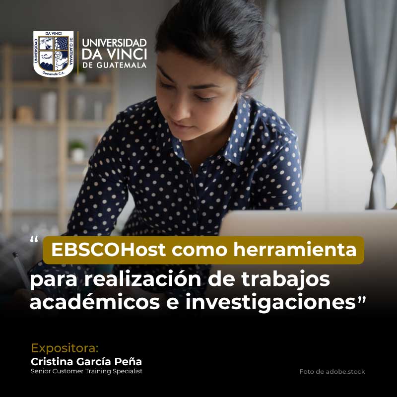 Fotografía de una joven sentada frente una laptop, con el texto ebscohost como herramienta para realización de trabajos académicos e investigación.