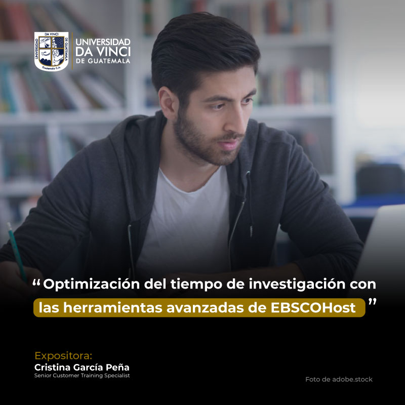 Fotografía de un joven sentada frente una laptop en una habitación que al fondo contiene una librera con el texto ebscohost como herramienta para realización de trabajos académicos e investigación.