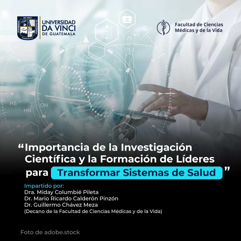 Imagen del cuerpo medio de un médico sosteniendo una tablet en sus manos y sobresale de la tablet un holograma con conexiones con el texto importancia de la investigación científica y la formación de líderes para transformar sistemas de salud.