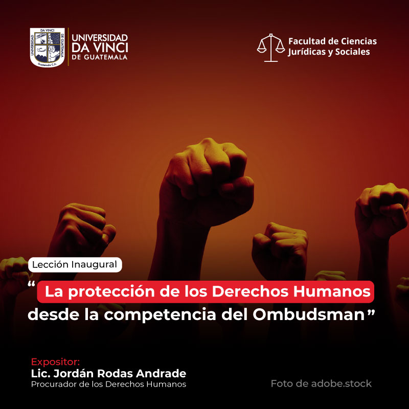 Fotografía de varias manos empuñadas alzadas hacia arriba, en un fondo rojo con el texto la protección de los derechos humanos desde la competencia del ombudsman.