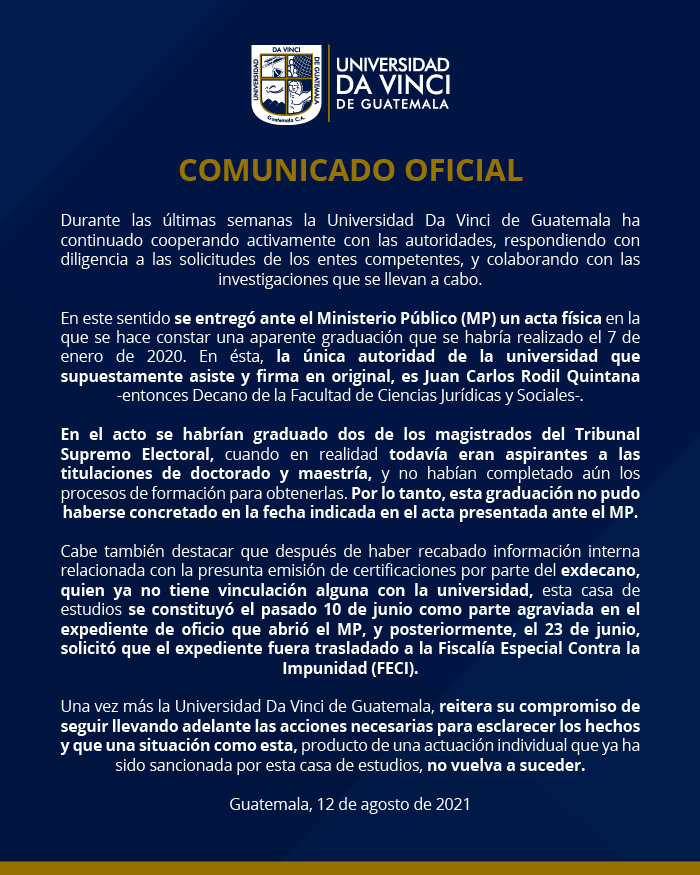 Comunicado Oficial de Universidad Da Vinci de Guatemala