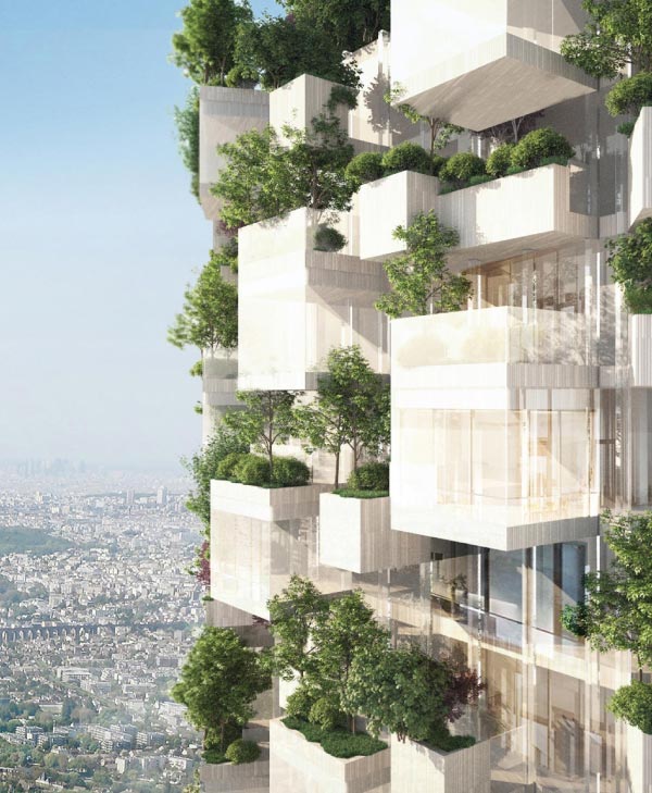 Toma cercana de render de un edificio con jardines verticales.